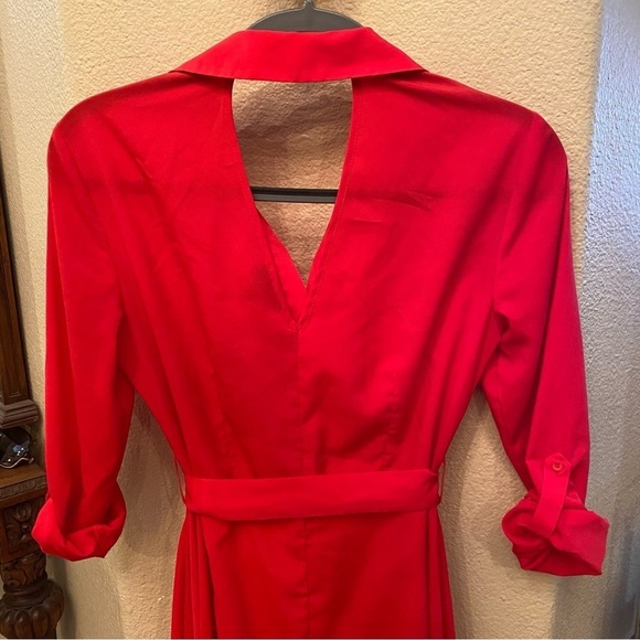 TOPSHOP Women Red Button Asymmetrical Tie Waist Dress Size 2 - Picture 5 of 8